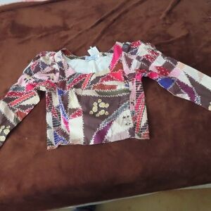 NWT Never a Wallflower Patchwork Smocked Long Sleeve Crop Top Sz XS